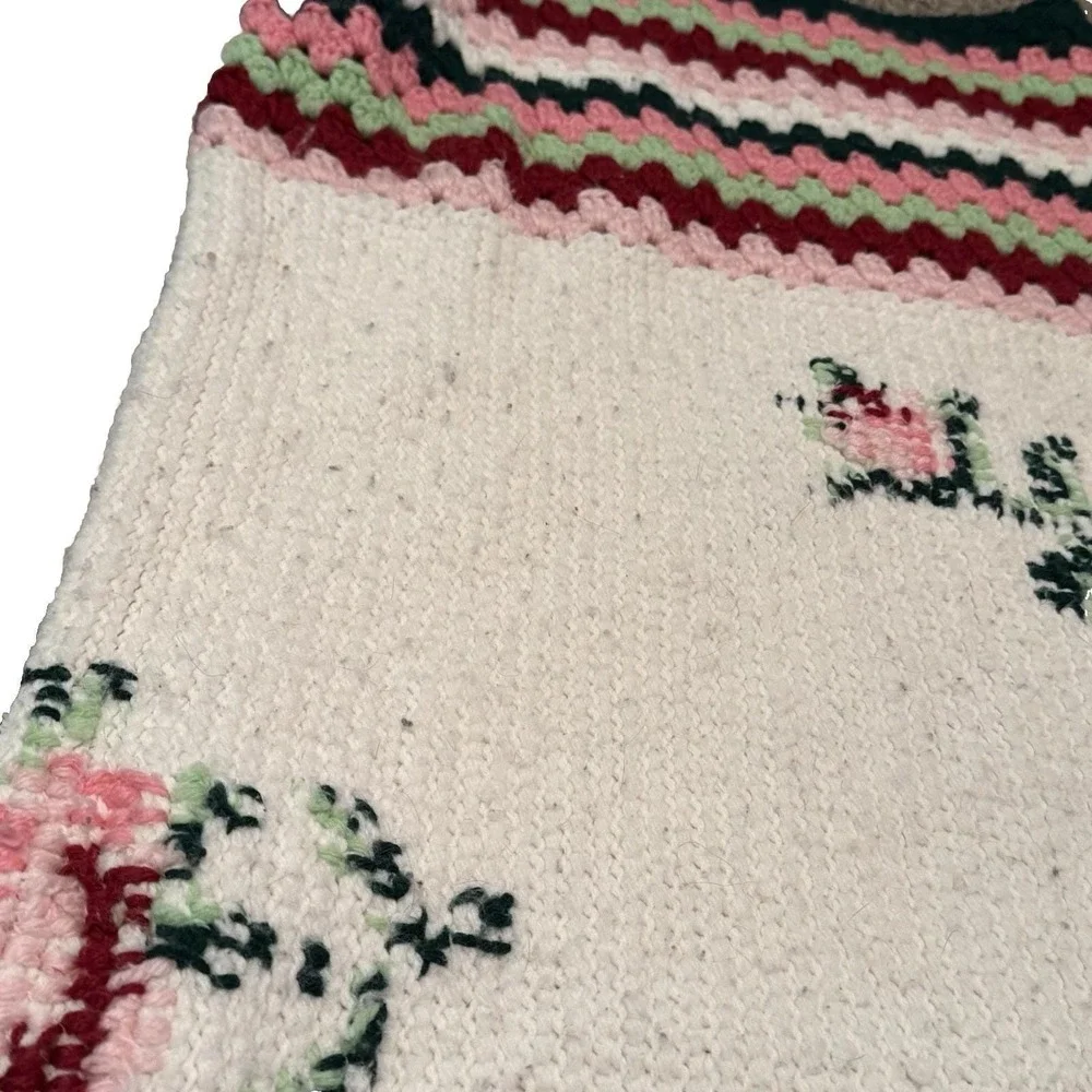 Vintage Handmade‎ Crochet Afghan Blanket Floral Pink Green Fringe Throw 45x52
